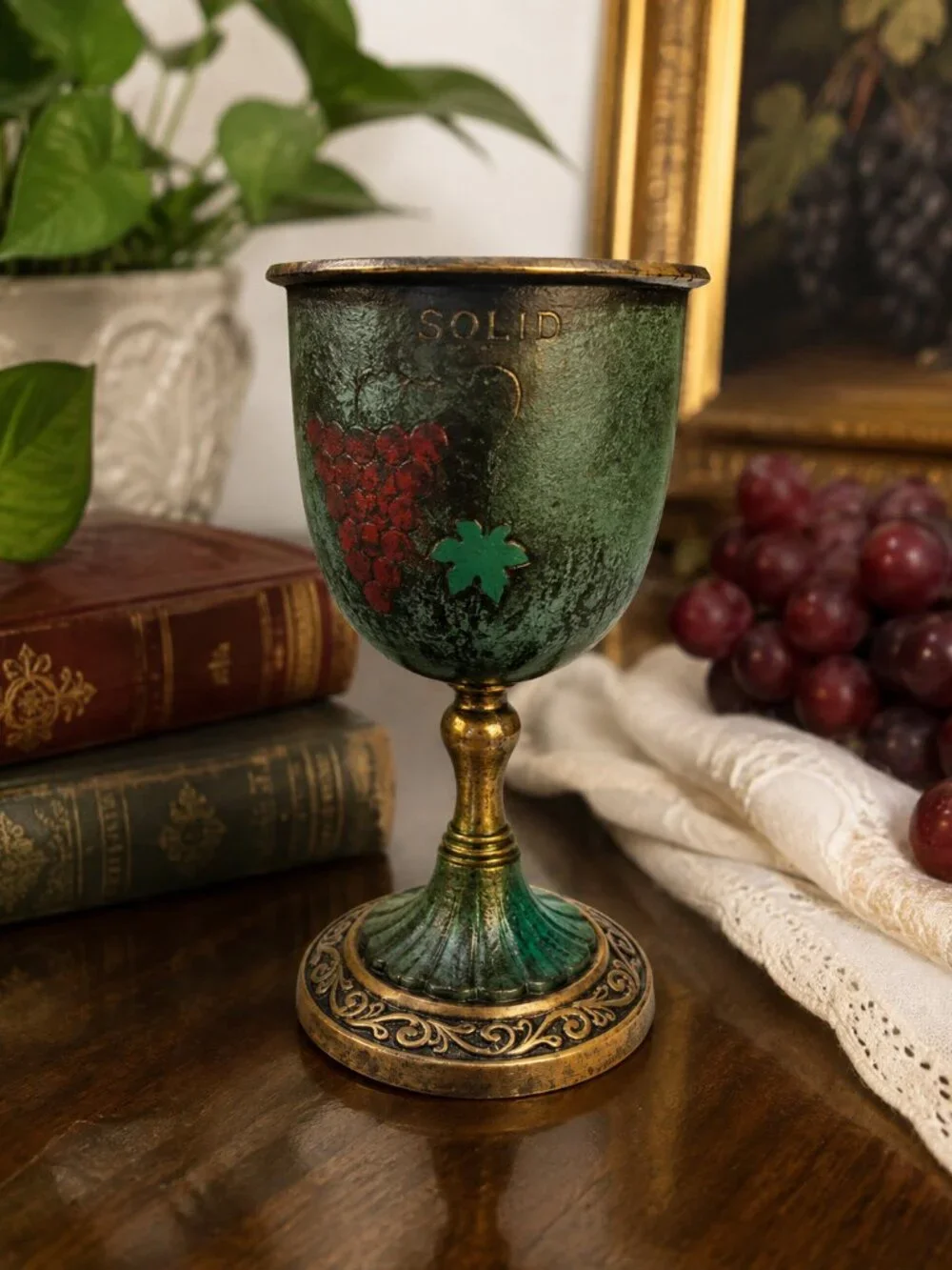 Vintage IVANROS Tijuana Mexico Metal Chalice Goblet Green Gold Grape Patina